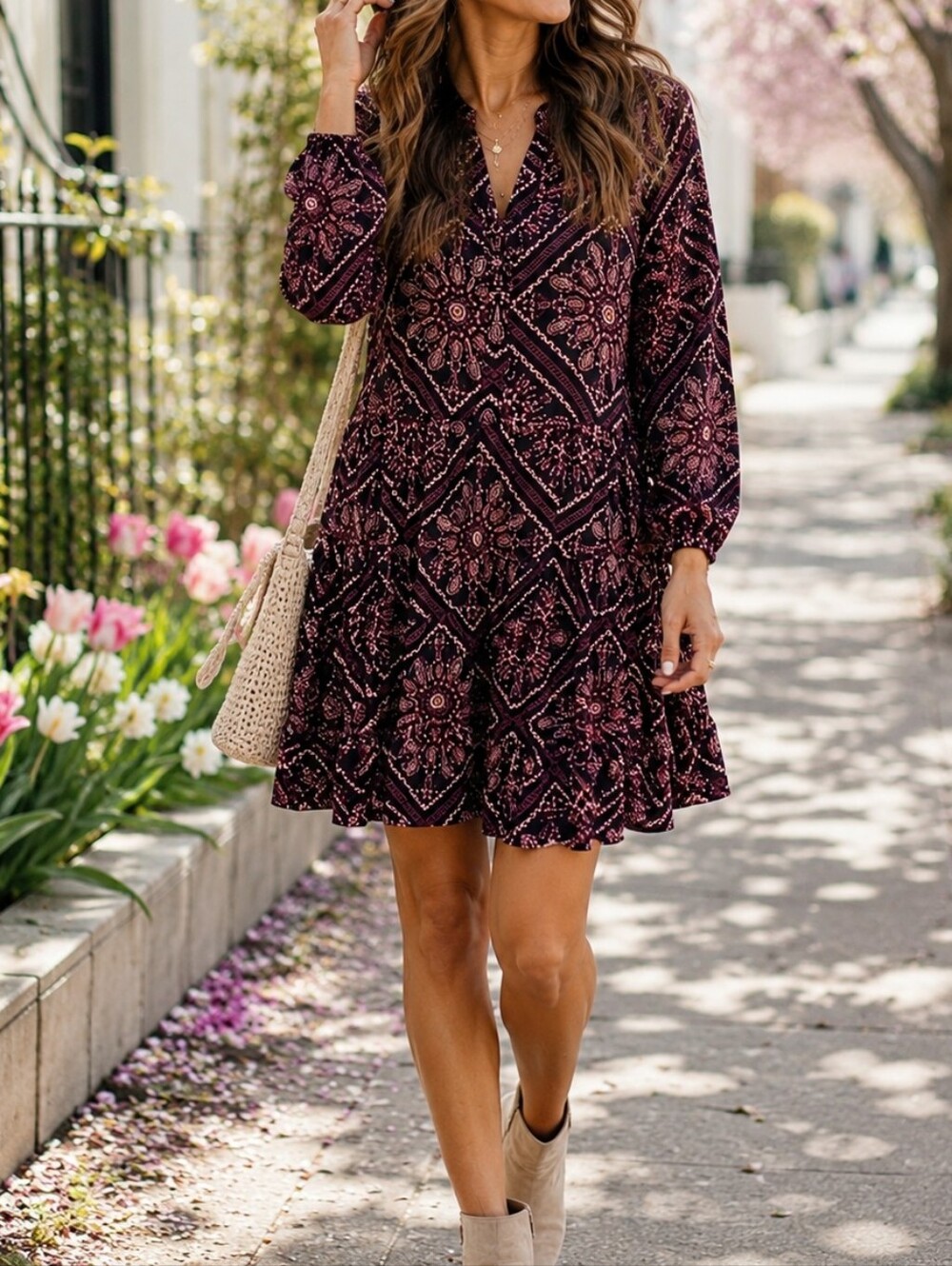 NWT APRICOT Plum Floral Print Long Sleeve Mini Dress Boho Romantic Tiered Dress